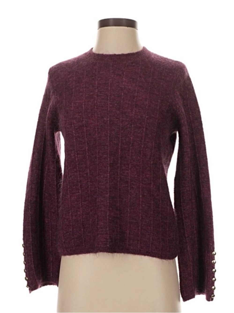 Sezane Plum Ribbed Crewneck Sweater with Button Cuff Detail